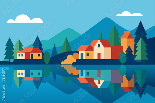 village by a lake reflecting houses