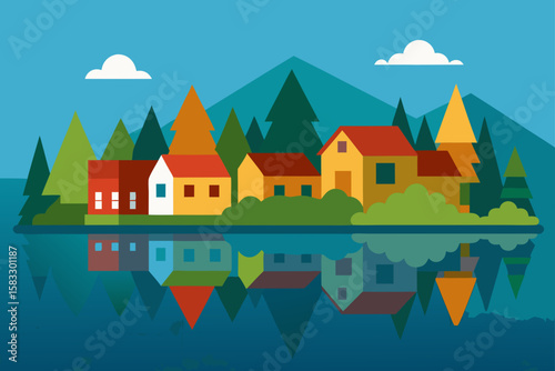 village by a lake reflecting houses