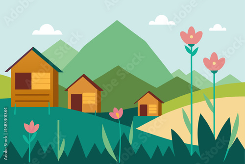 wildflowers growing around wooden homes in valley
