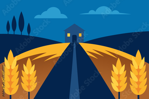 wheat field surrounding quiet village road