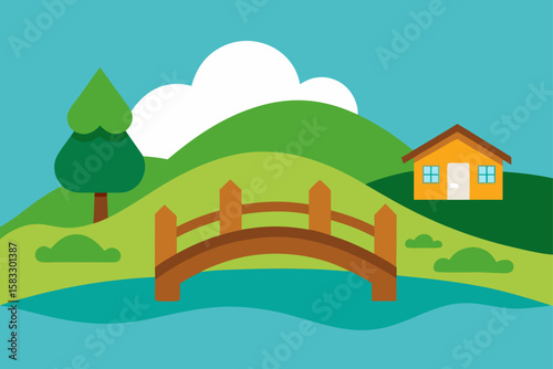 wooden bridge over a stream in a tranquil village