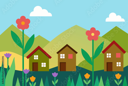 wildflowers growing around wooden homes in valley