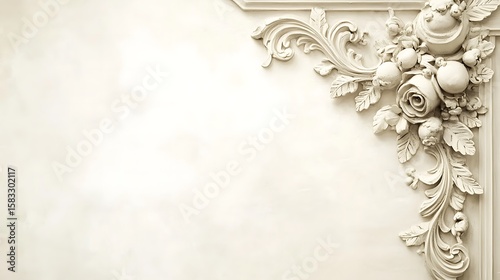Ornate, sculpted corner detail on a light beige wall
