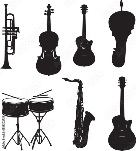 Silhouetted musical instruments including brass string and percussion instruments