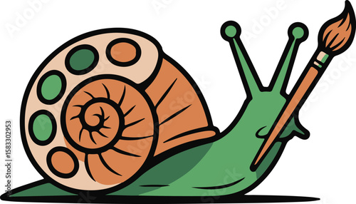 Cartoon Snail Artist with Paint Palette and Brush: Playful, Colorful Illustration