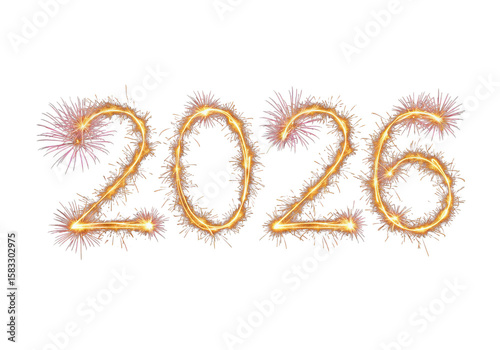 The year 2026 is written with golden sparklers isolated on transparent background