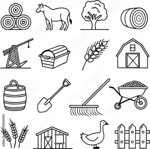 "Farm Life & Agriculture Icons - Rustic Harvest & Countryside Tools"
