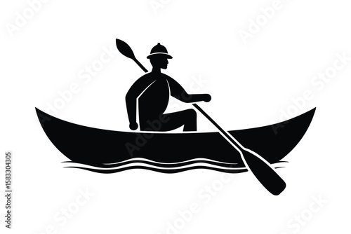 Man rowing boat black silhouette isolated on white background