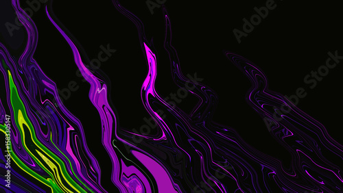 Neon green and purple pink liquid swirl wave on black abstract background. Innovation technology. Pop art trippy digital screen. Backdrop. banner. Template. Tech card. wavy line. VR. Virtual Reality.