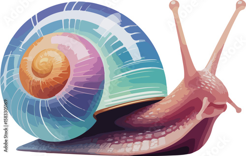 Vibrant iridescent snail shell, whimsical pastel colors, playful illustration, digital art, fantasy creature.