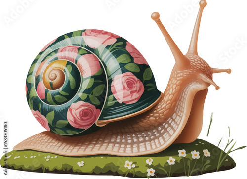 Whimsical Snail Shell with Floral Design:  Charming, Illustrated Garden Creature