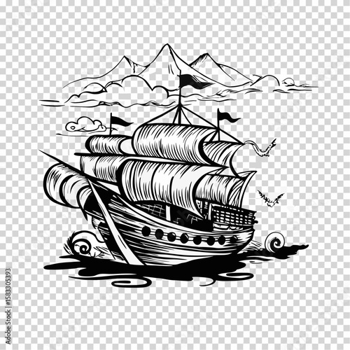 A vintage wooden toy sailboat with a mast and anchor travels the nautical ocean
