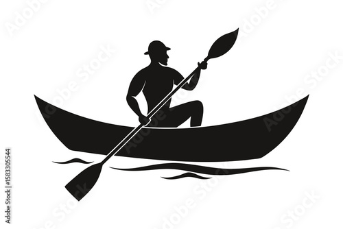 A man canoe boat black silhouette on white background