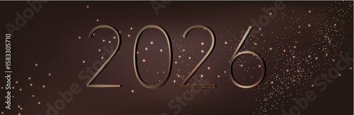 Happy new year 2026. Holiday greeting luxury card design. 3D Shiny gold realistic numbers isolated on dark brown background.