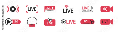 Live streaming set. Icons for streaming, live broadcast, blog, television, shows, live performances, news and various video content. 