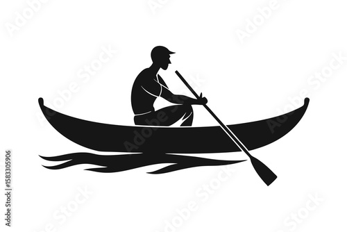 A man canoe boat black silhouette on white background