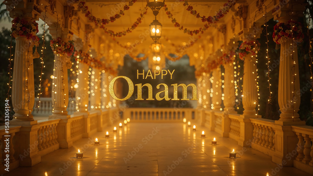 Fototapeta premium Onam Themed Background and Banners - Onam is Kerala's harvest festival celebrating King Mahabali's return, marked by floral designs (pookalam), feasts (Onasadya), boat races, and cultural festivities 