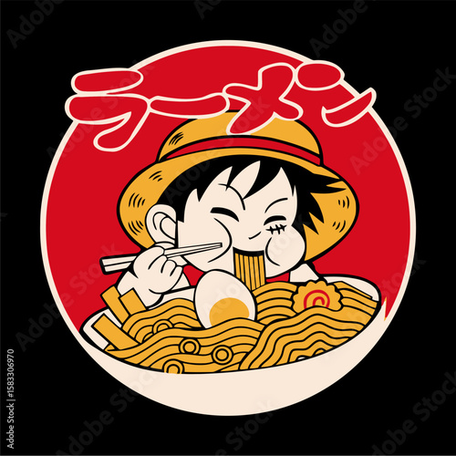 Luffy Ramen One Piece Anime Manga Japanese Food Noodle Bowl Illustration