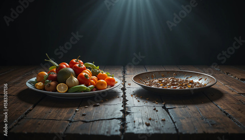 A plate full of fresh, untouched food sits on one side of a cracked wooden table, while on the other side sits an empty, rusty metal plate with dust and dried leaves inside.
IA generativa.