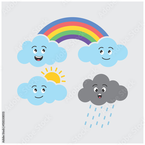 Cute Weather Icons with Smiling Clouds, Rainbow, Sun and Rain – Cartoon Style Illustration