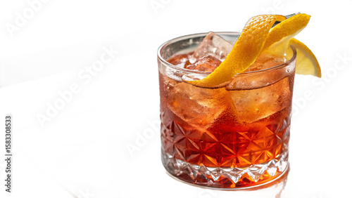 Classic bar drink featuring amber hues, lemon wedge garnish, and textured old-fashioned glass with clear ice cubes.