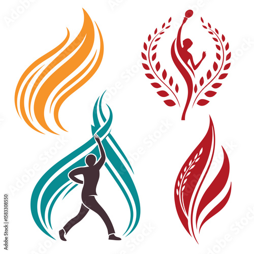 Athletic figures with flame and laurel leaf motifs sports athletes