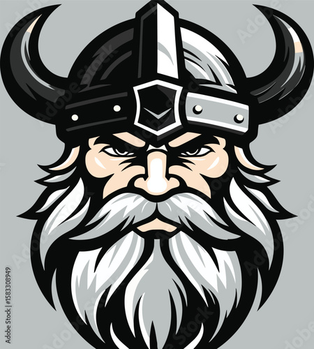 A bold and striking illustration of a Viking warrior, featuring a fierce expression, a classic horned helmet, and a prominent beard.