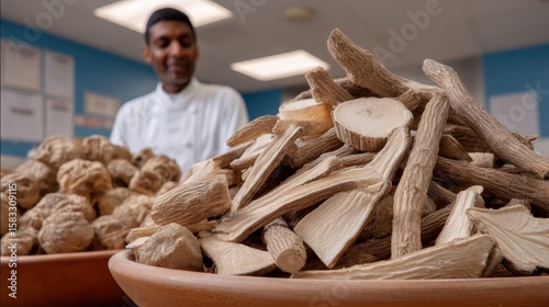 Dried medicinal roots and herbs in bowl with person in background