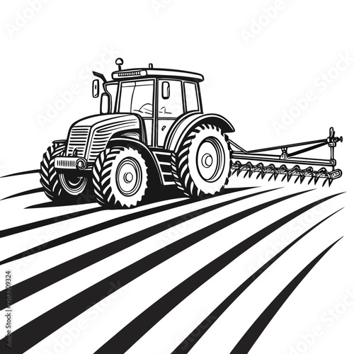 Black and white tractor plowing a field farming agriculture