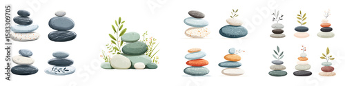 Zen Stone Stacks Collection: Serene Balanced Stones and Greenery