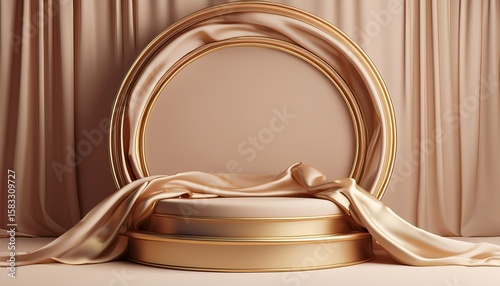 3d background beige podium display mockup silk cloth in motion gold circle frame for beauty product cosmetic presentation feminine scene with pedestal 3d render