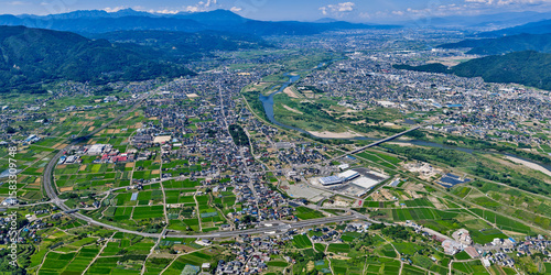 Panoramic Aerial View of Chikuma City and Chikuma River, Nagano Prefecture, Japan