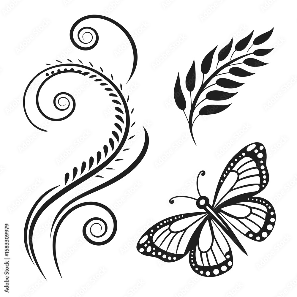 Fototapeta premium Black floral swirls and butterfly wing design white vine