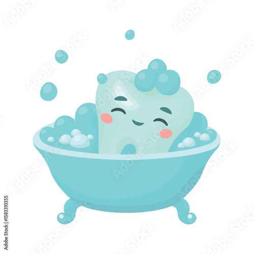 Vector illustration of a cute cartoon tooth taking a bubble bath in a tub. Concept of dental hygiene and daily oral care, perfect for educational posters and dental clinics.