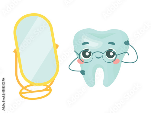 Illustration of a cute tooth character wearing glasses looking at himself in the mirror. Concept of self-check, dental examination, or teaching kids about brushing and oral hygiene.