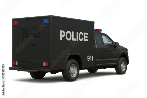 A detailed view of a police transport truck, equipped for emergencies and law enforcement, showcasing its rugged design.