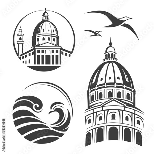 Architectural domes and flying birds architecture building