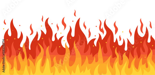 A fire with orange flames is shown as seamless border n a transparent background. The fire is very large and has a lot of flames