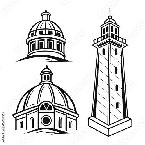 Black and white architectural domes and tower architecture