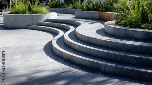 Urban park featuring smooth concrete steps and circular flowerbeds, offering tranquil respite from city life