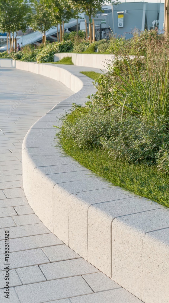 Obraz premium Modern landscaping design showcasing a curved concrete border filled with lush green plants, creating a visually appealing and inviting urban space