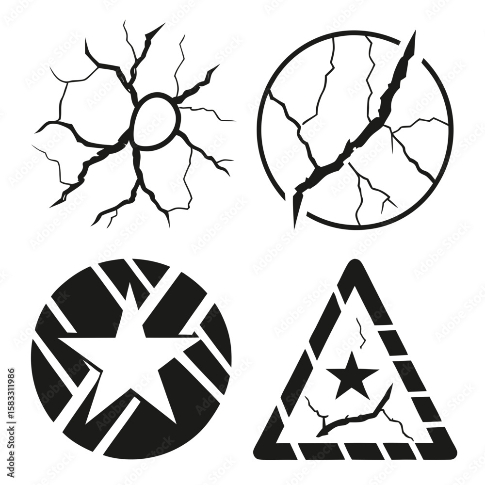 Fototapeta premium Cracked abstract shapes and symbols black white jagged broken