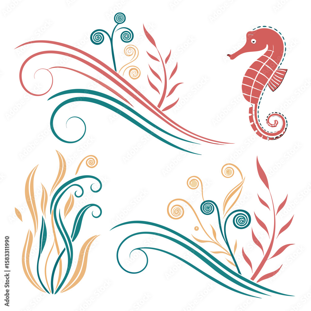 Fototapeta premium Coral seahorse with swirling floral elements swirls aquatic