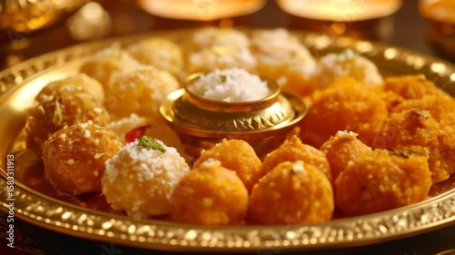 Golden tray displays diverse spherical Indian sweets; candles glow warmly in background