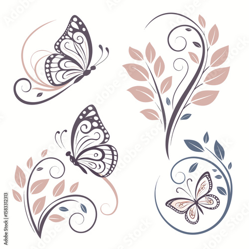 Delicate butterflies and floral swirls butterfly ornamental