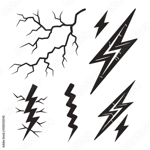 Black lightning bolt and crack icons white
