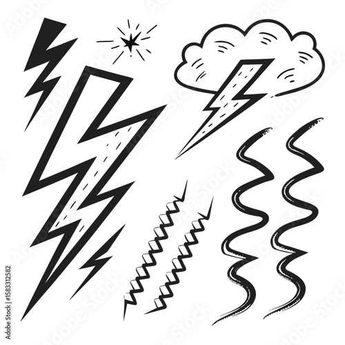 Black lightning bolt and wavy line icons thunder storm