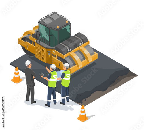 Isometric illustration of road construction workers and engineer inspecting asphalt compactor machine on newly paved road surface with safety cones around