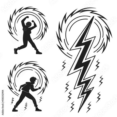 Black silhouettes of people and lightning bolts person