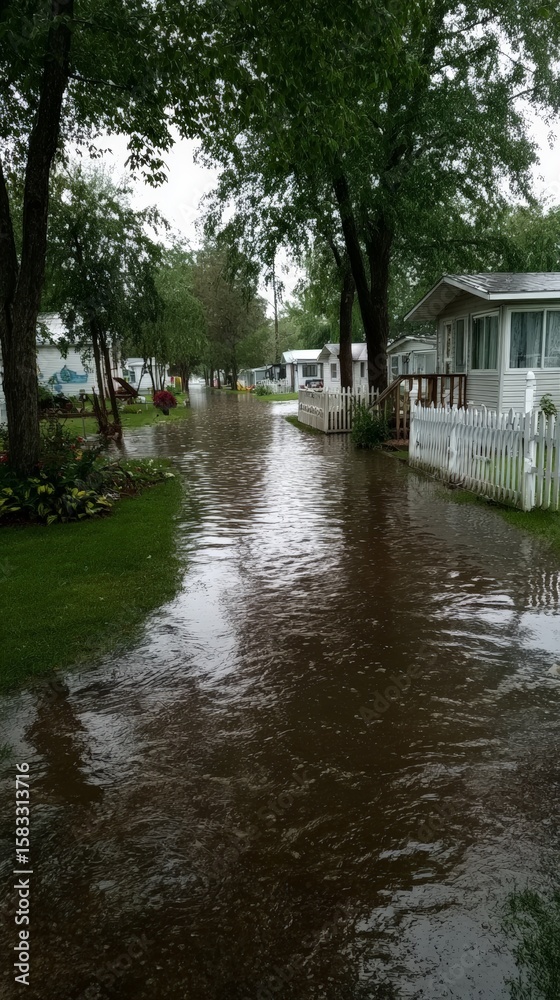 Obraz premium Residential street flooding in neighborhood with trees and white fences